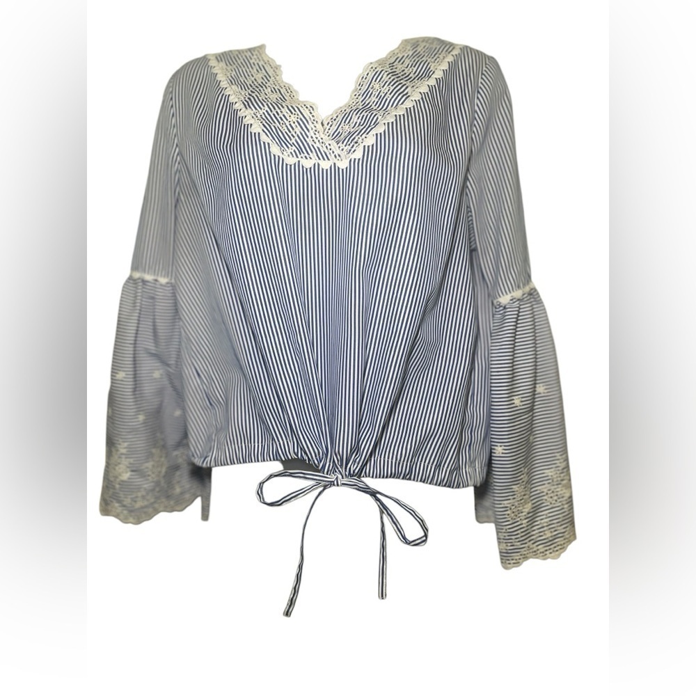 Laundry By Shelli Segal Embroidered White Blue Stripe Blouse Size Small